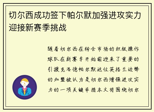 切尔西成功签下帕尔默加强进攻实力迎接新赛季挑战